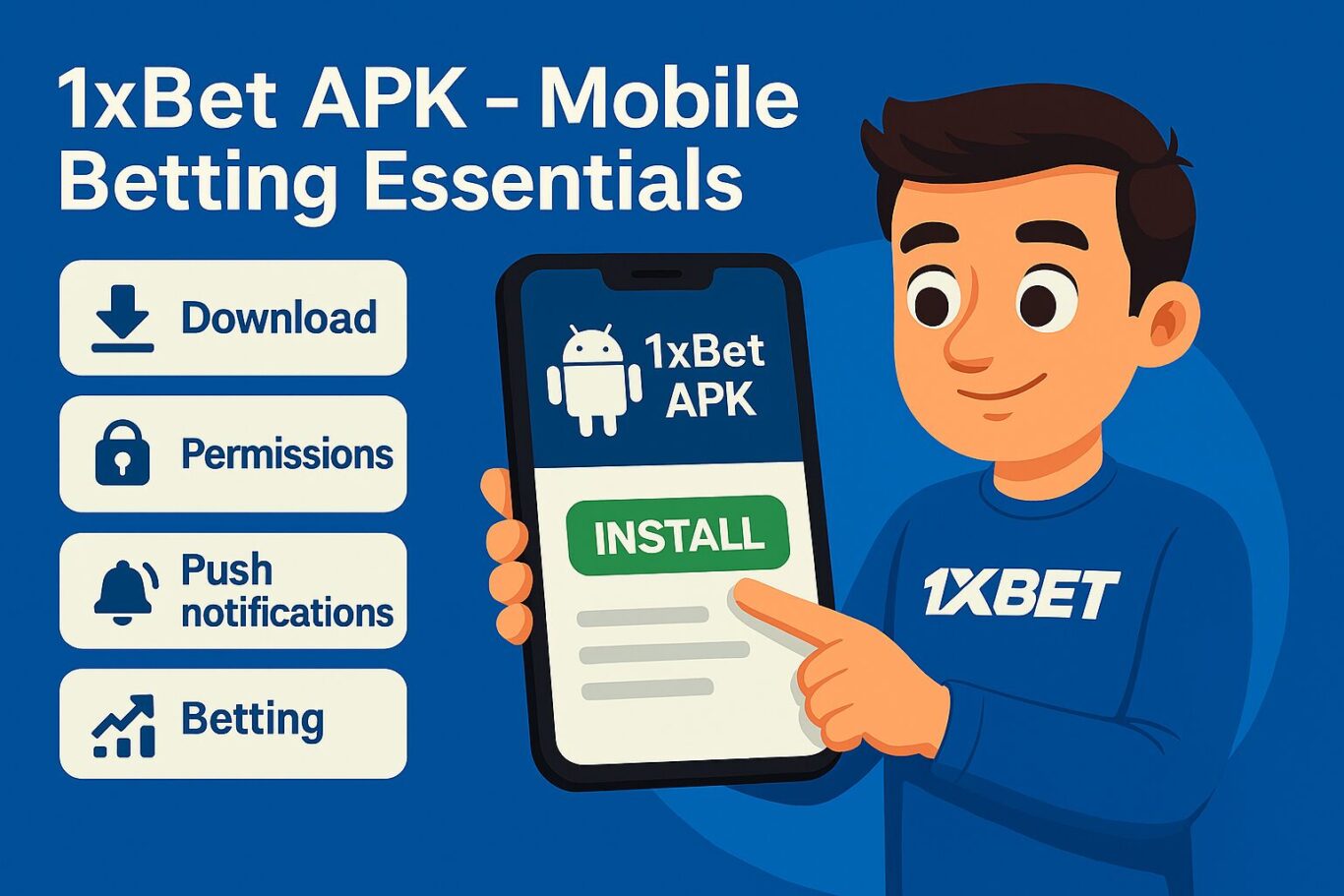 Visual of animated character interacting with 1xBet APK interface showing sports, casino and promo code field