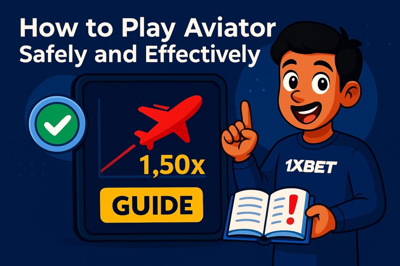 Image showing 1xBet Aviator Predictor screen, character holding red plane, icons for rupee, mobile and safe play