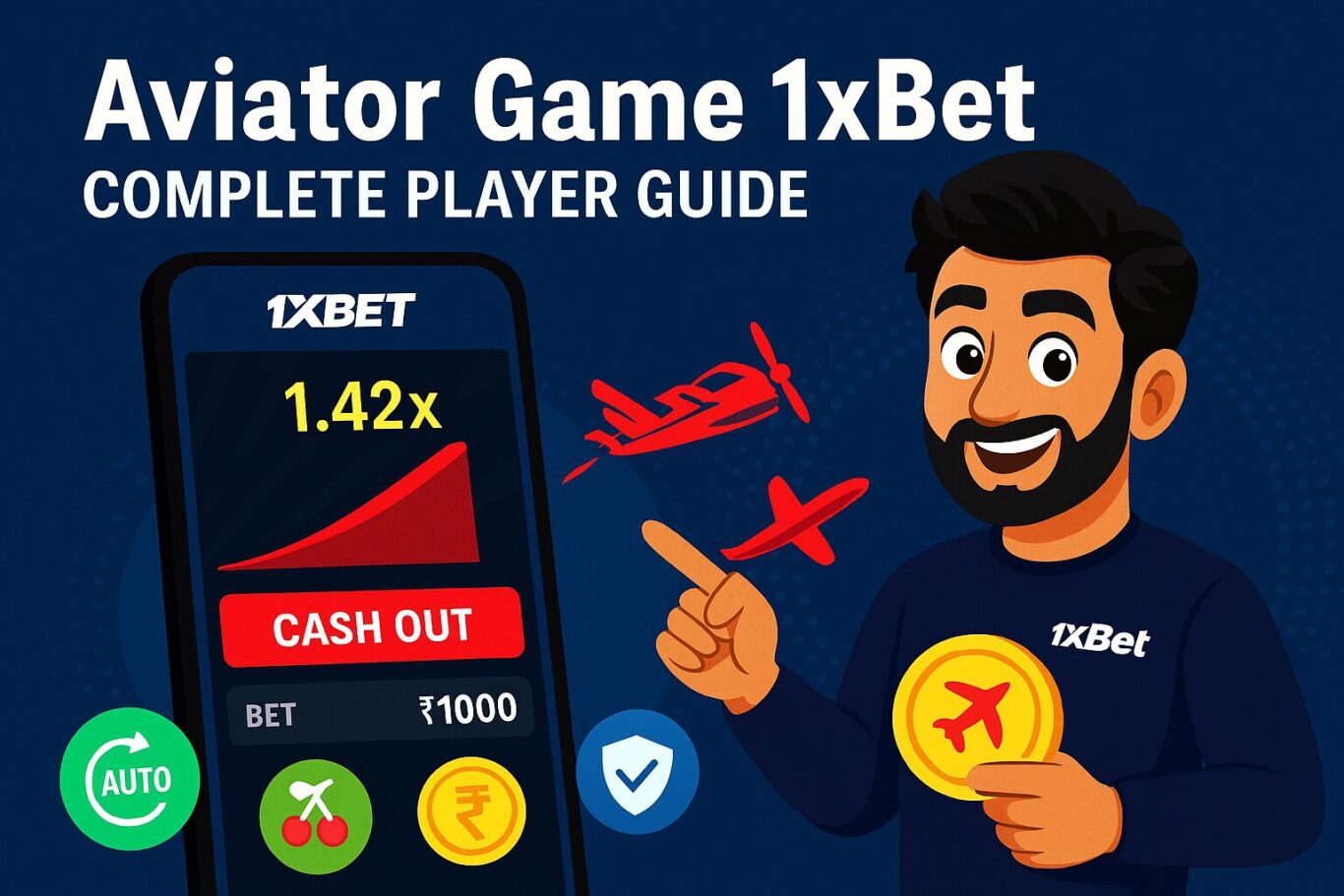 Visual of animated character interacting with Aviator Game 1xBet interface showing bet field, cash out and rupee coin
