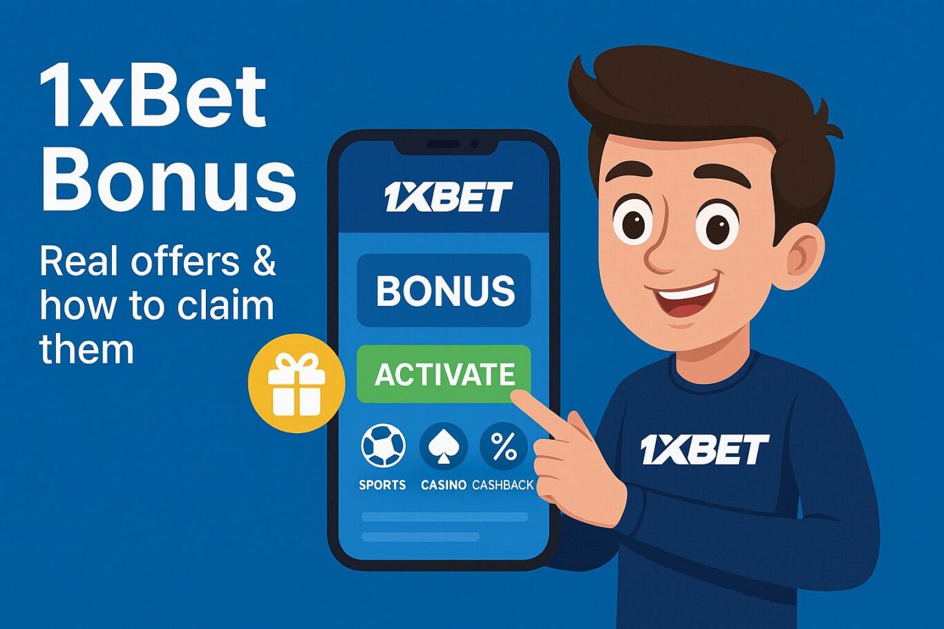 Visual of animated character interacting with 1xBet Bonus interface showing activate button and gift icon