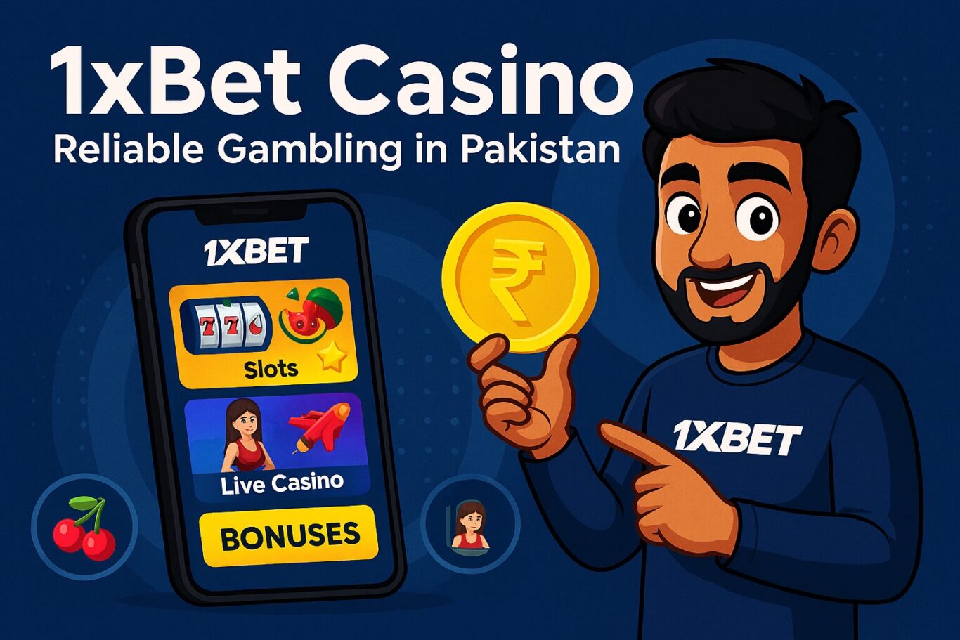 Visual of animated character interacting with 1xBet Casino interface showing game categories and rupee coin
