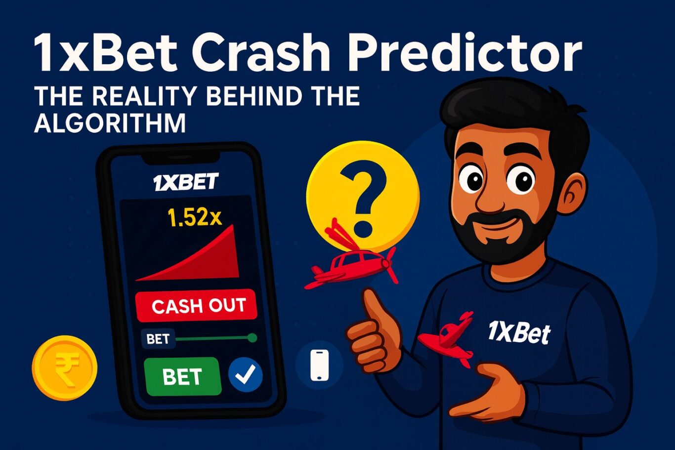 Image showing 1xBet Crash Predictor game screen, character holding red plane, Predictor icon and responsible gambling badge
