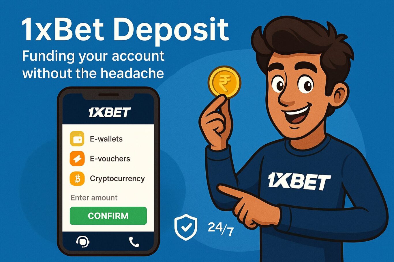 Visual of animated character interacting with 1xBet Deposit interface showing payment tabs and confirm button