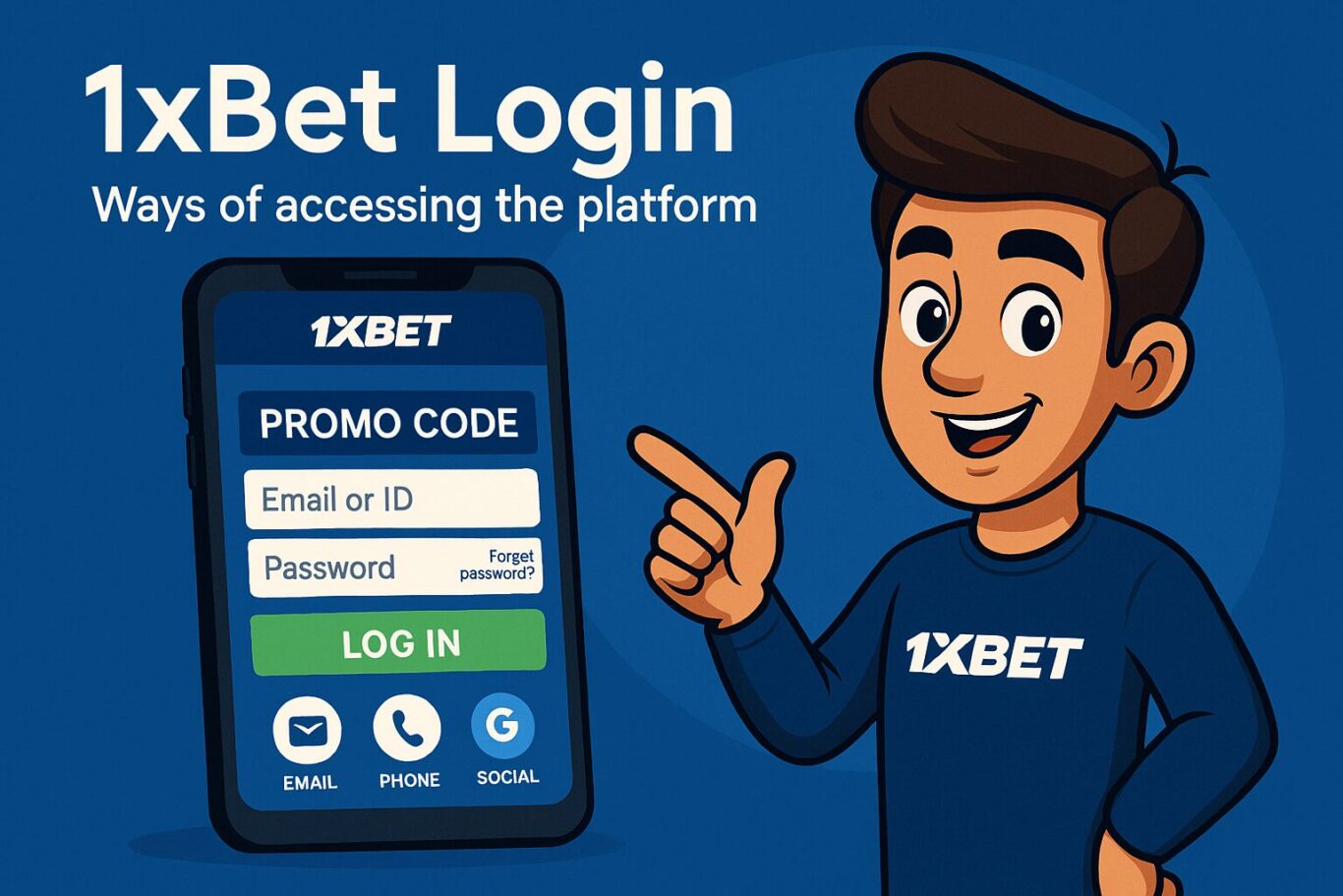 Visual of animated character interacting with 1xBet Login interface showing password field and recovery link