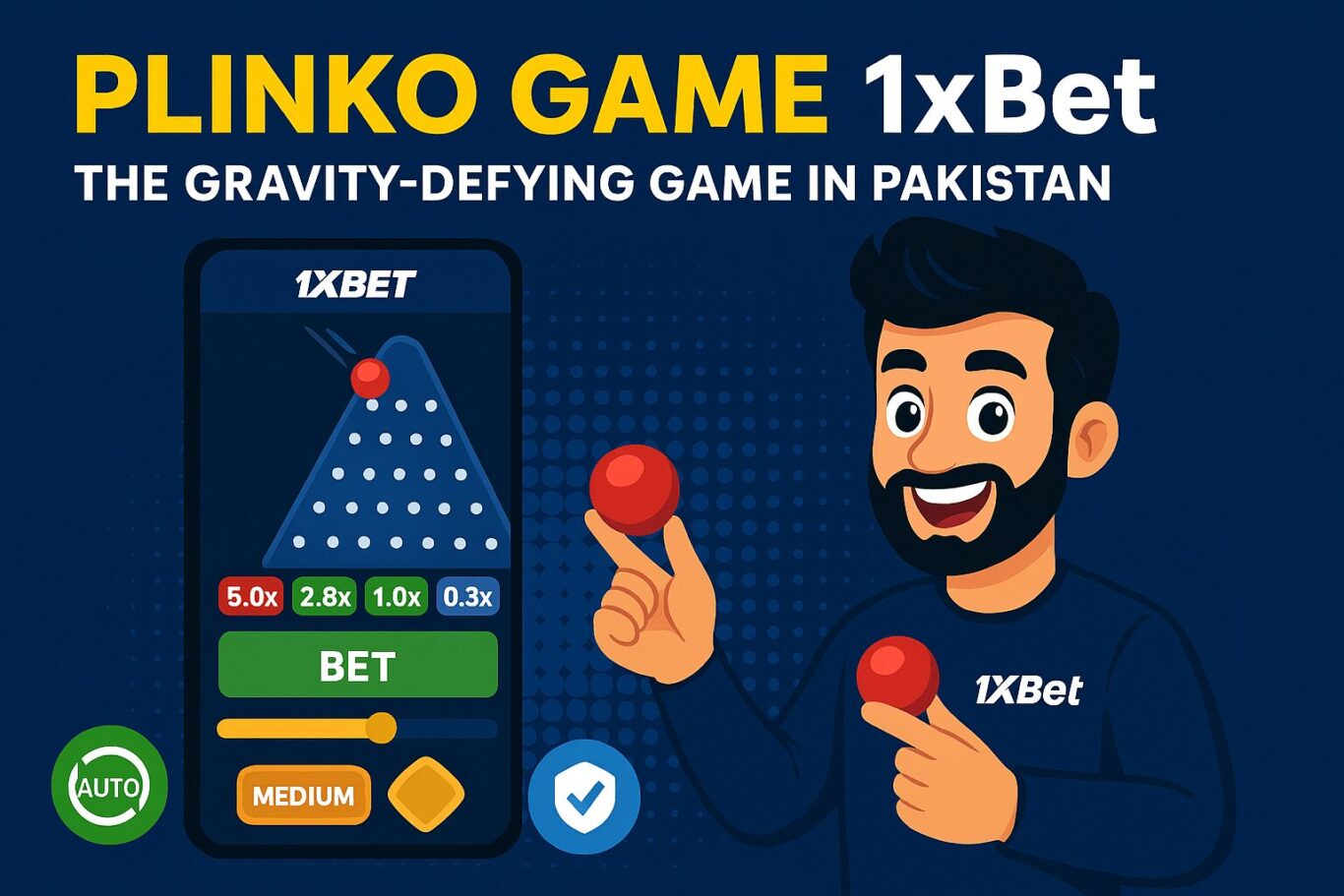 Visual of animated character interacting with 1xBet Plinko interface showing bet button, risk slider and rupee coin