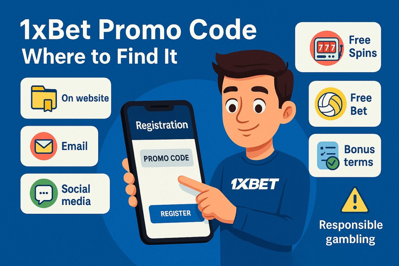 Visual of animated character using 1xBet Promo Code screen with input field, Apply button and bonus icons