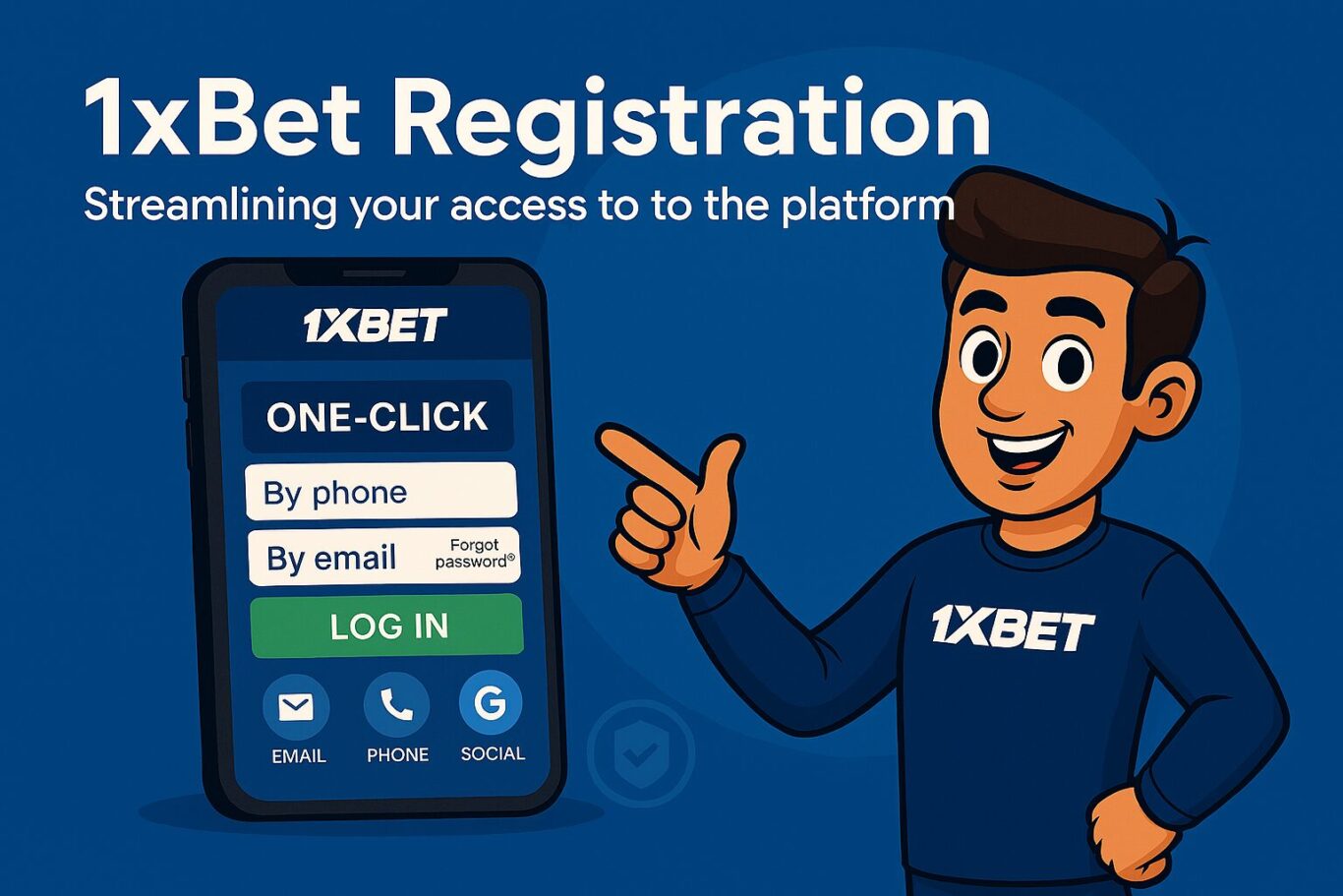 Visual of animated character interacting with 1xBet Registration interface showing promo field and security icons