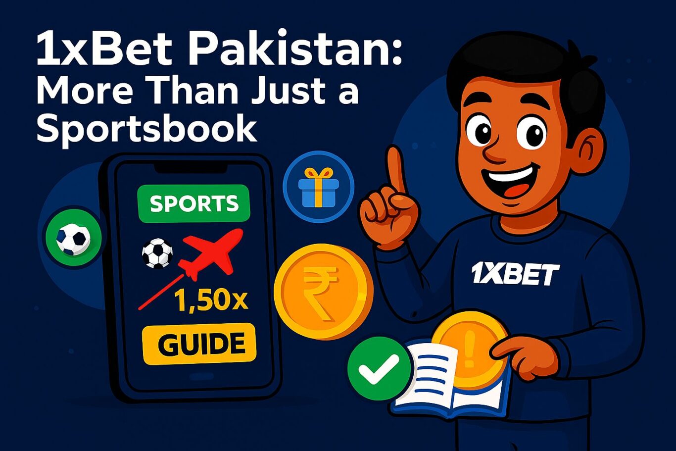 Image showing 1xBet Pakistan interface, character pointing at rupee coin, icons for registration and safe play