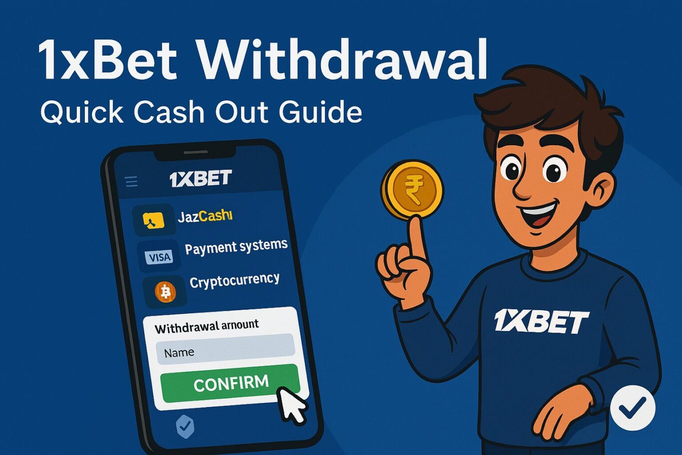 Visual of animated character interacting with 1xBet Withdrawal interface showing payout tabs and confirm button